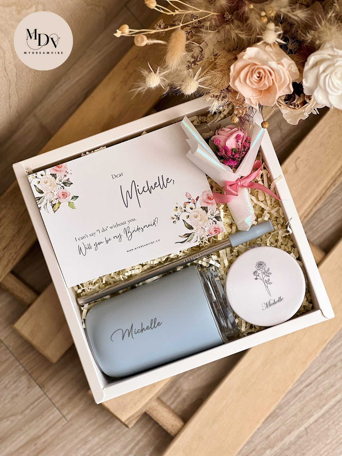[4 - 10 Bridesmaids Package] : 280ml Double Wall Coffee Cup with Straw and PU Leather Mirror in White PVC Box